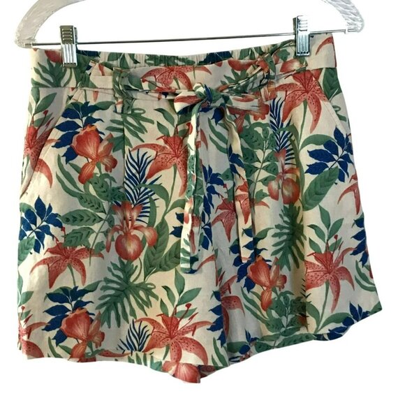 C & C California Shorts Tropical Print Linen Blend Elastic Back Sz 8 Colorful - Picture 1 of 13